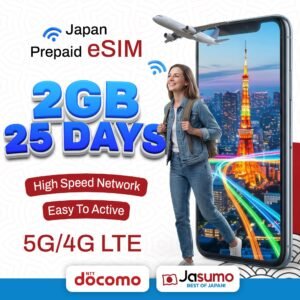 Japan eSIM 25 Day Plan – 2GB Per Day High-Speed, Unlimited Data (Docomo)