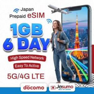 Japan eSIM 6 Day Plan – 1GB Per Day High-Speed, Unlimited Data (Docomo)