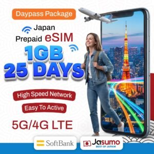 Japan eSIM 25 Day Plan – 1GB Daily High-Speed Data (SoftBank Network)